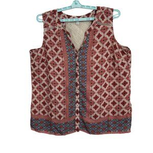 Westport 1962 Red & Blue Button-Down Tank Top Lace Back Panel Womens Sz 2X BOHO